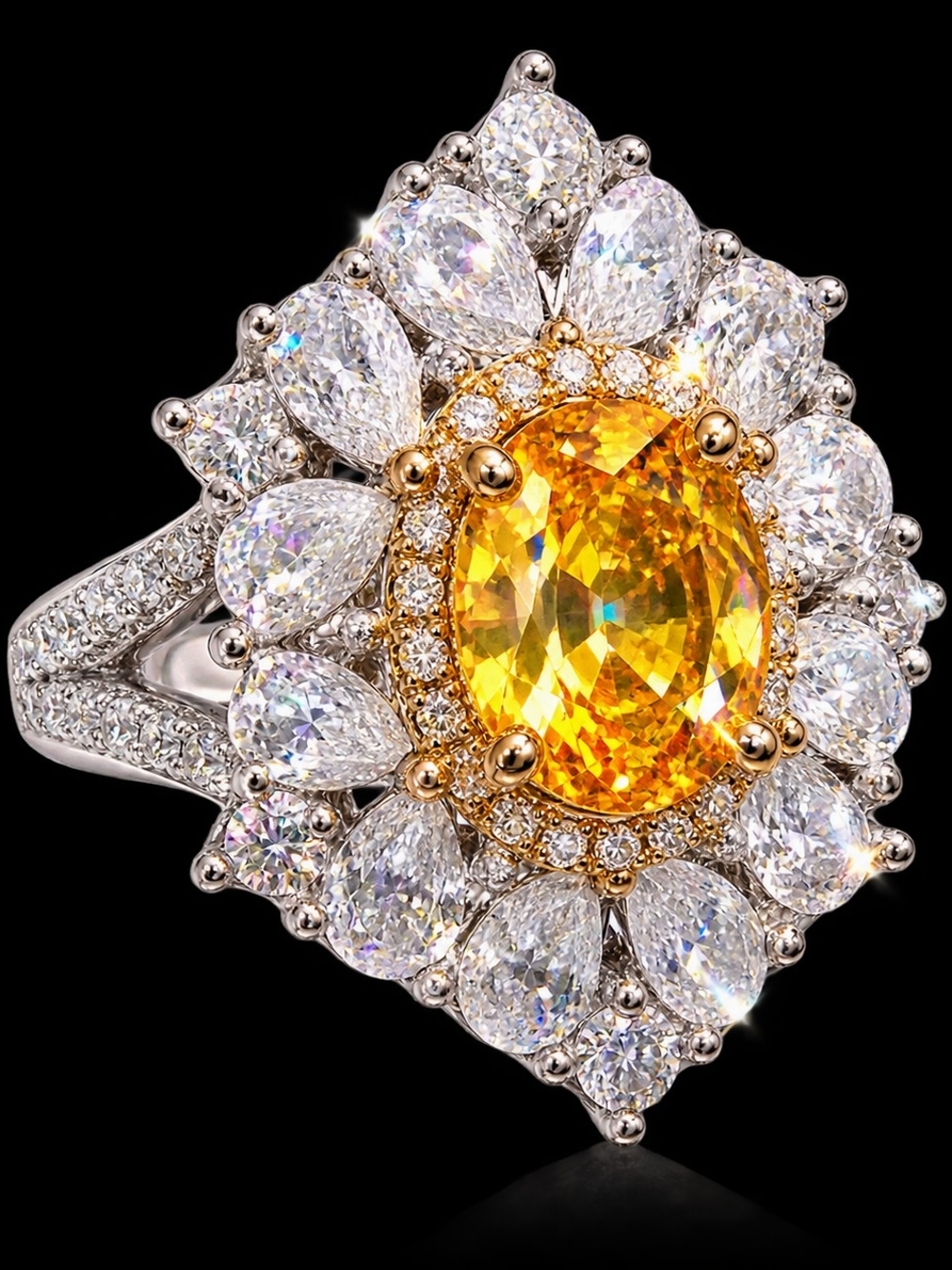 :
925 Sterling Silver Yellow Cubic Zirconia Statement Ring – Crystal Stones